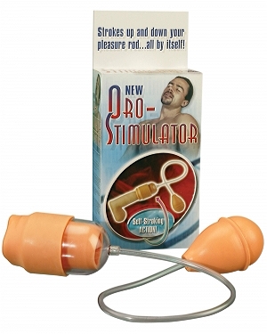 This product is similar to the Vibrating Oro Stimulator. It has a shorter, slippery latex sleeve with an attached hand pump. The hand pump helps re-create the sucking sensation of oral sex. It does not have the vibrating insert, but still feels great. Just put a few drops of lube (included) and start gliding. Made of rubber tube with a latex extendable sleeve for fit and comfort. 